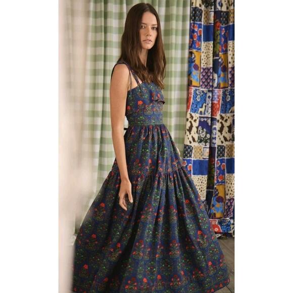 Hunter Bell Midnight Garden Midi Dress Size 8 Blue Floral Tiered Tie Strap - Picture 2 of 10